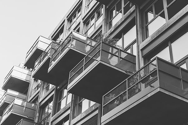 some balconies of a house in black and white